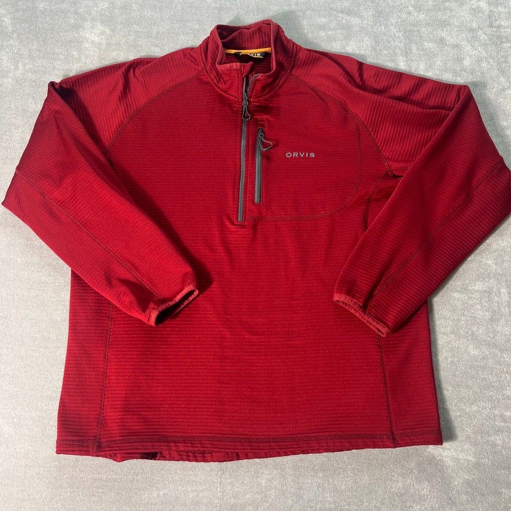 Orvis Jacket Mens Large Red Grid Fleece Quarter Zip Mock Neck Pullover Normcore